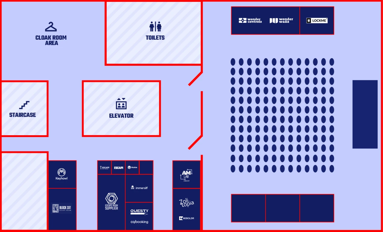 Expo floor plan showing available and reserved booth spaces