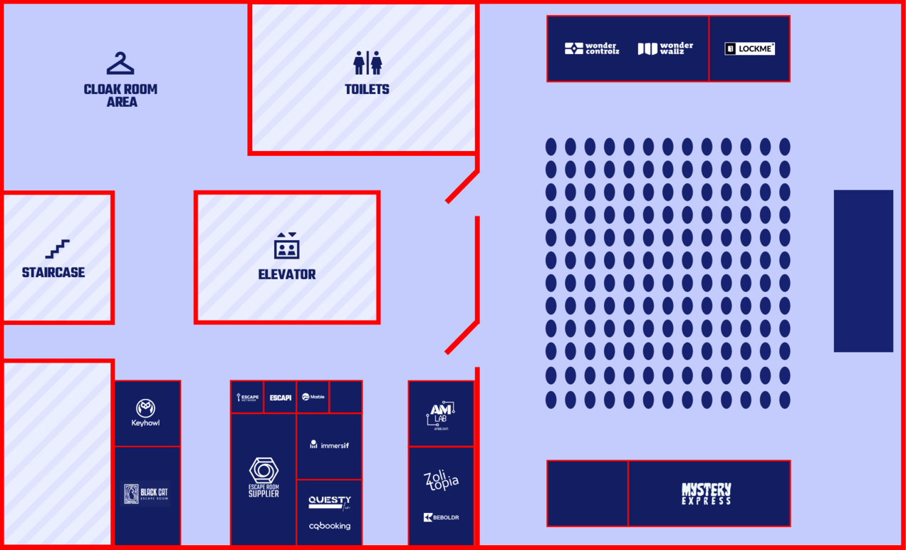 Expo floor plan showing available and reserved booth spaces